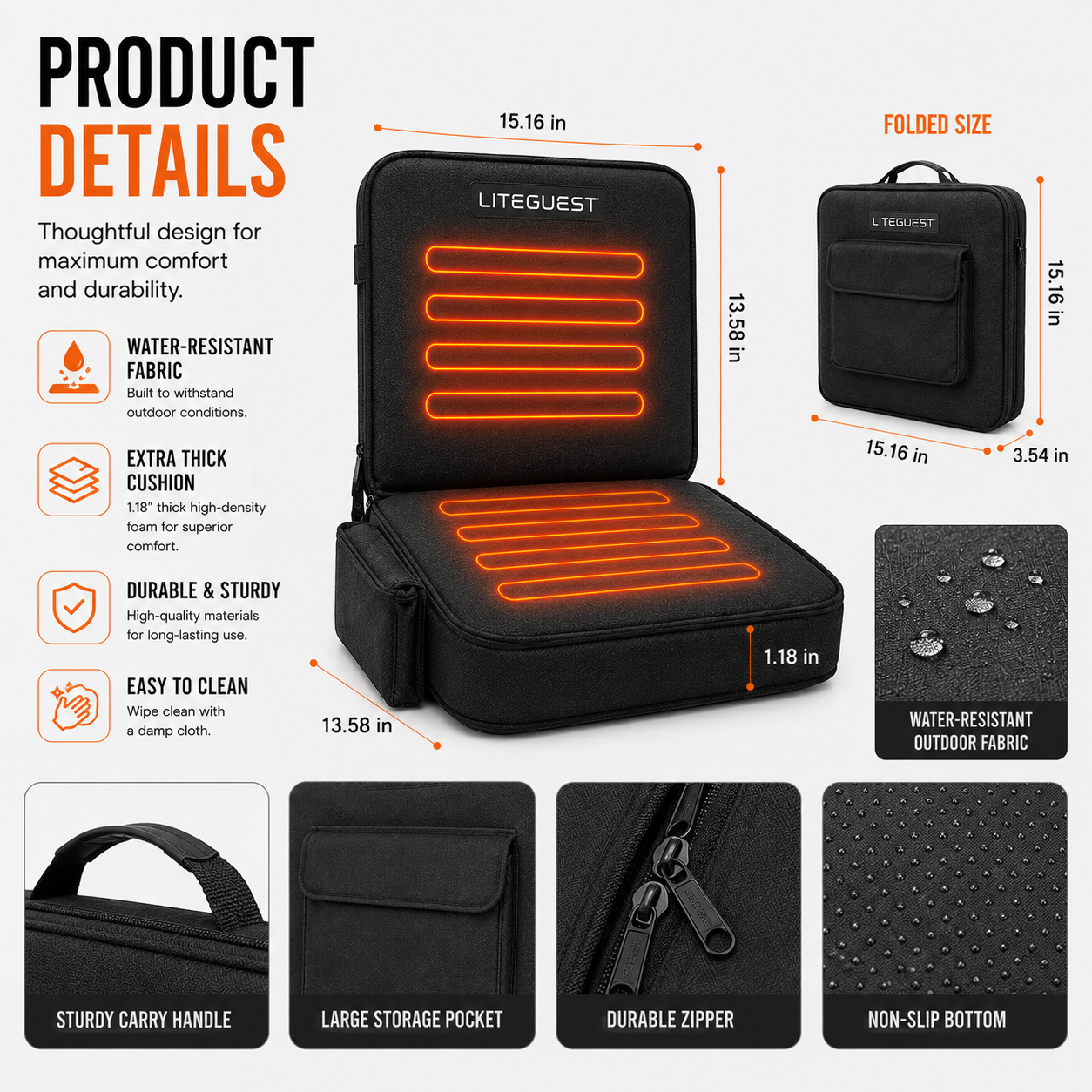 LITEGUEST Heated Stadium Seat with Back Support | USB Powered