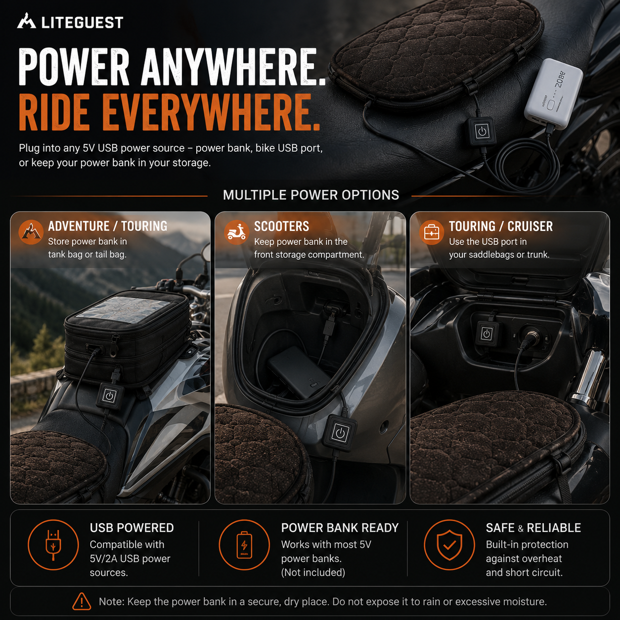 LITEGUEST Heated Motorcycle Seat Cover | USB Winter Riding Pad