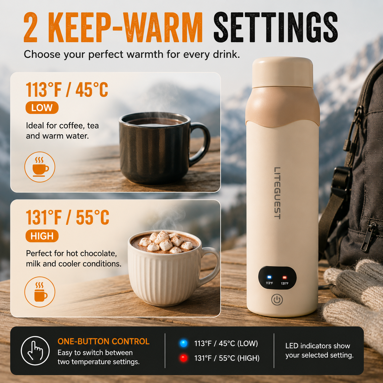 LITEGUEST USB Heated Insulated Bottle | 316 Stainless Steel