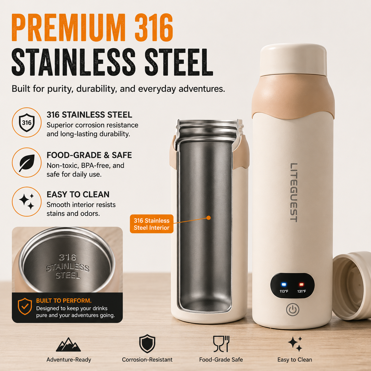 LITEGUEST USB Heated Insulated Bottle | 316 Stainless Steel