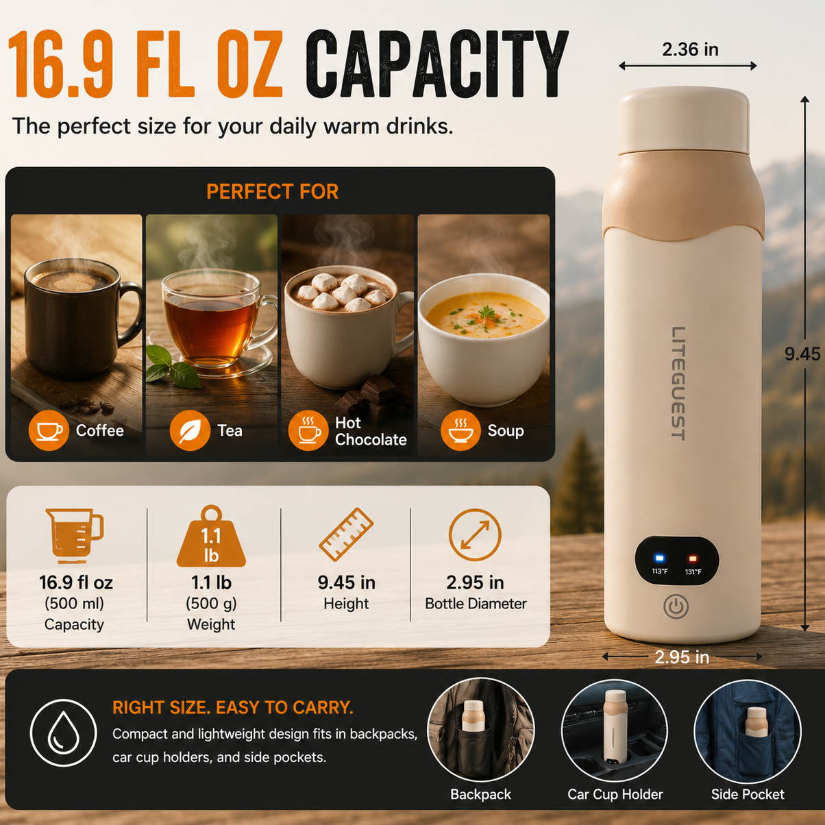 LITEGUEST USB Heated Insulated Bottle | 316 Stainless Steel