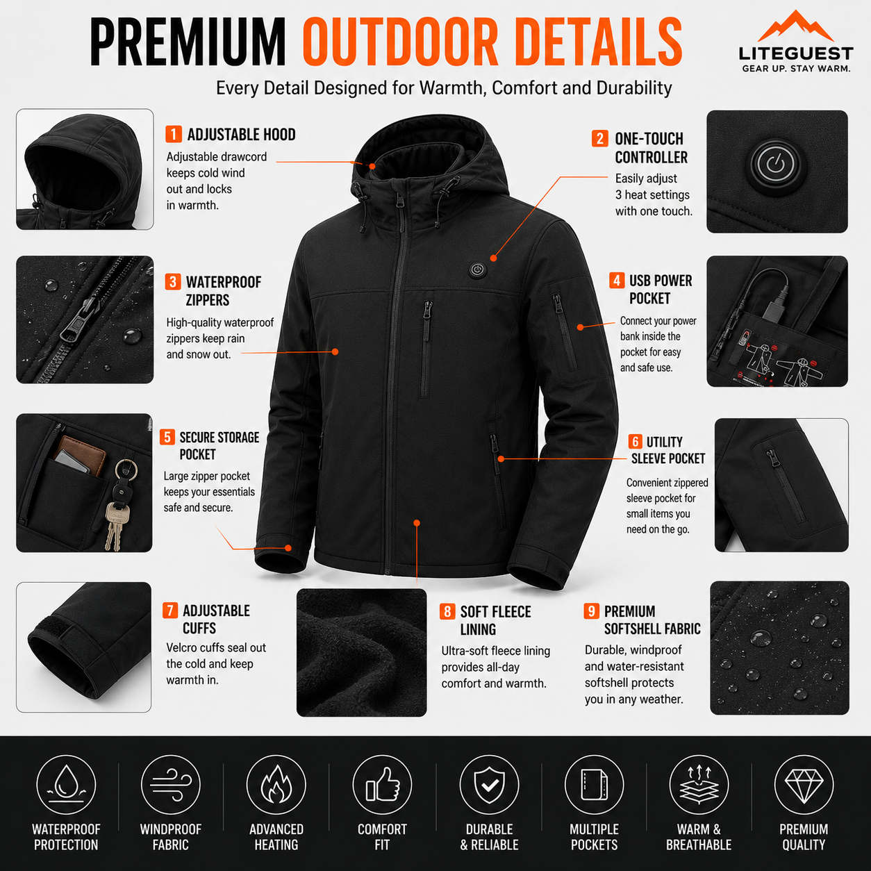 LITEGUEST 10-Zone Heated Softshell Jacket | USB Winter Jacket