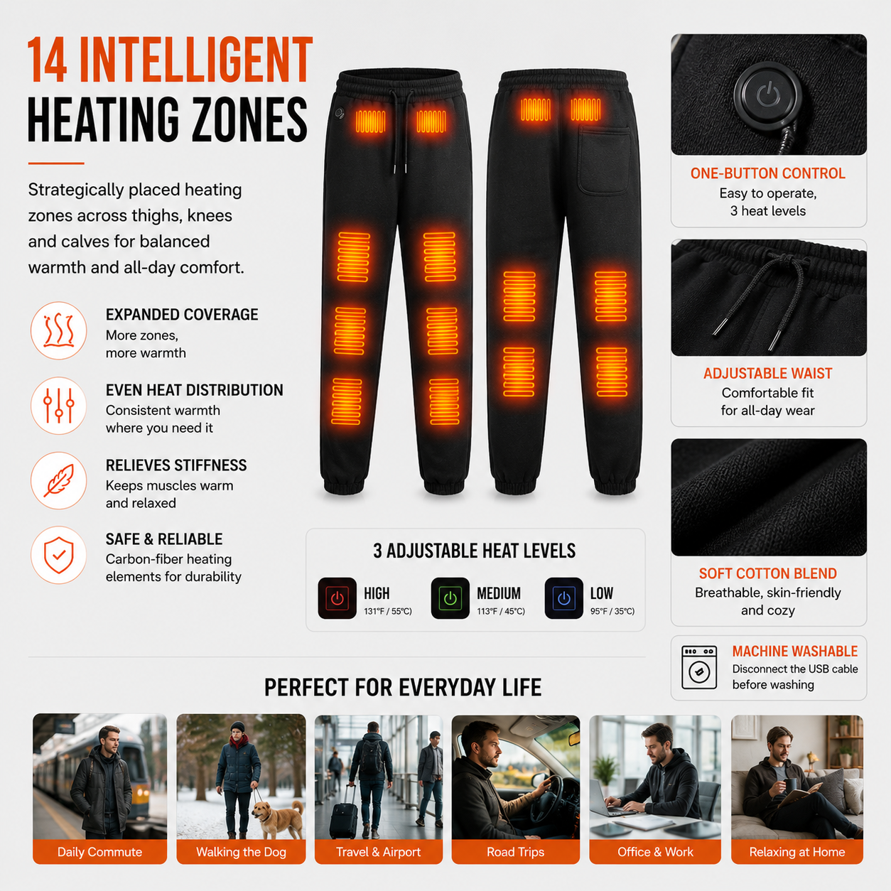 LITEGUEST 14-Zone USB Heated Pants | Soft Cotton Winter Warmth