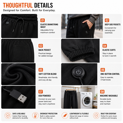 LITEGUEST 14-Zone USB Heated Pants | Soft Cotton Winter Warmth