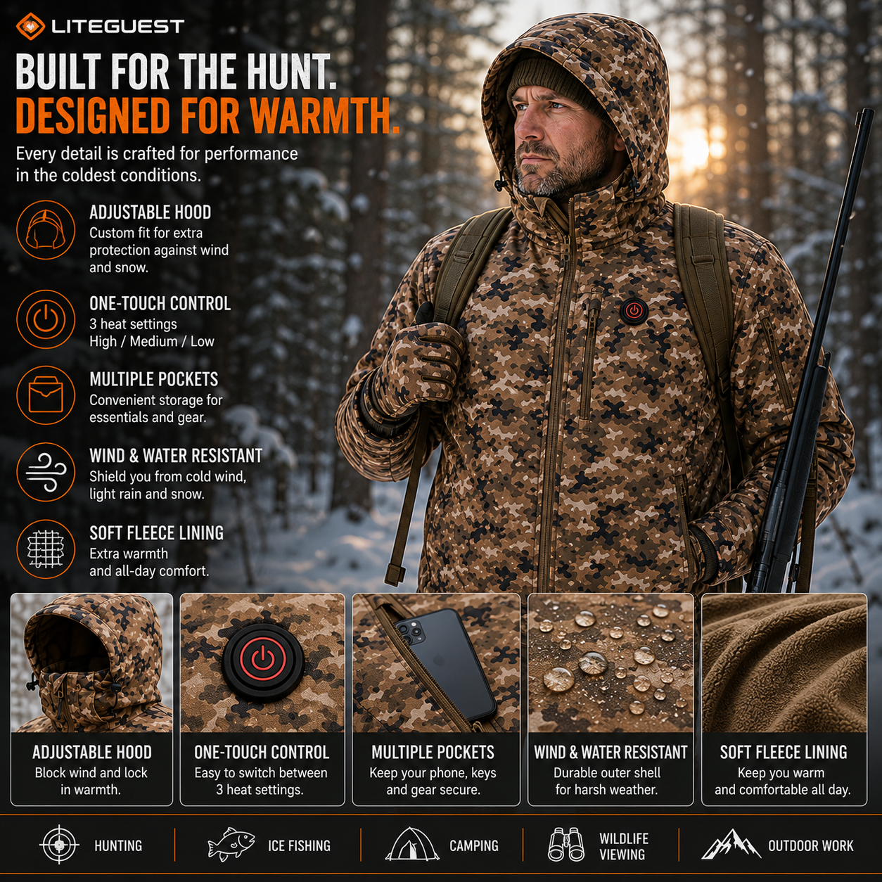LITEGUEST 7-Zone Heated Hunting Jacket | USB Camo Jacket