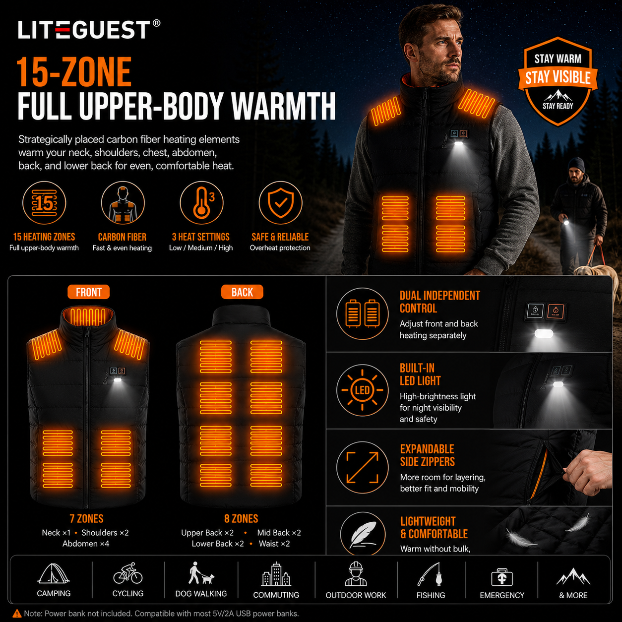 LITEGUEST LED Safety Heated Vest | 15-Zone Dual Control USB Heating