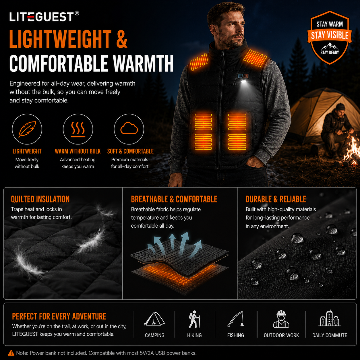 LITEGUEST LED Safety Heated Vest | 15-Zone Dual Control USB Heating