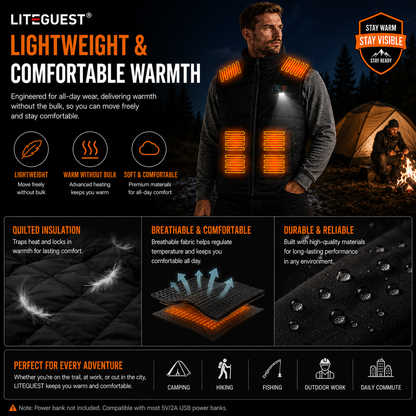 LITEGUEST LED Safety Heated Vest | 15-Zone Dual Control USB Heating