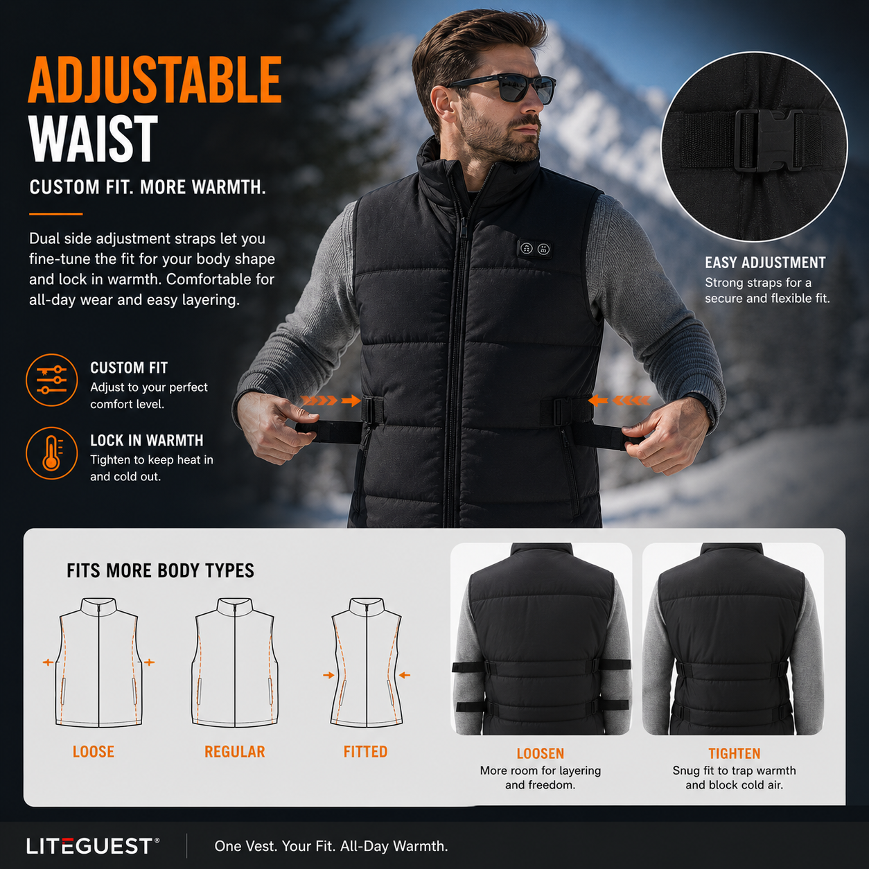 LITEGUEST Adjustable Heated Vest | 8-Zone Dual Control USB Warmth