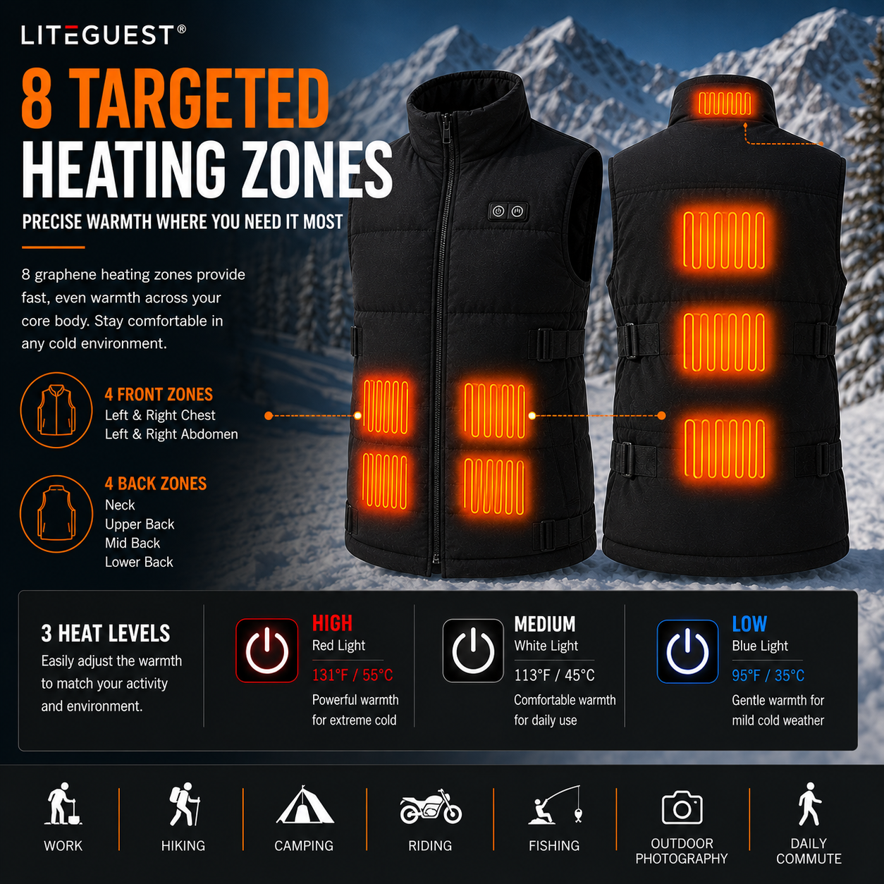 LITEGUEST Adjustable Heated Vest | 8-Zone Dual Control USB Warmth