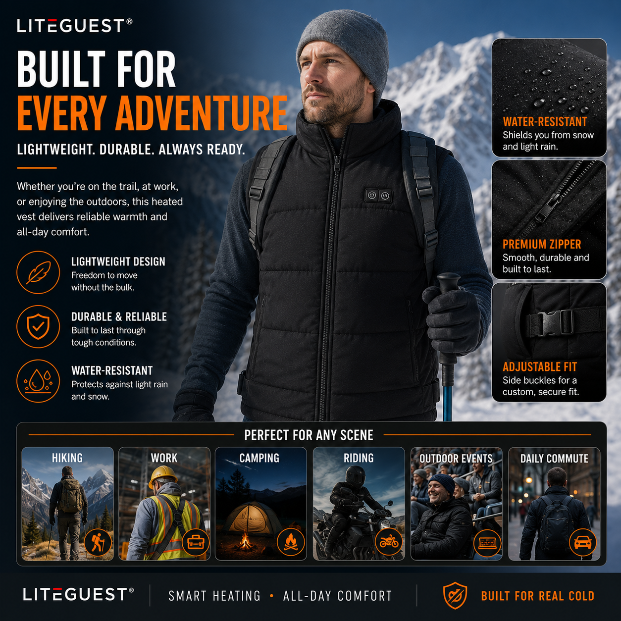 LITEGUEST Adjustable Heated Vest | 8-Zone Dual Control USB Warmth