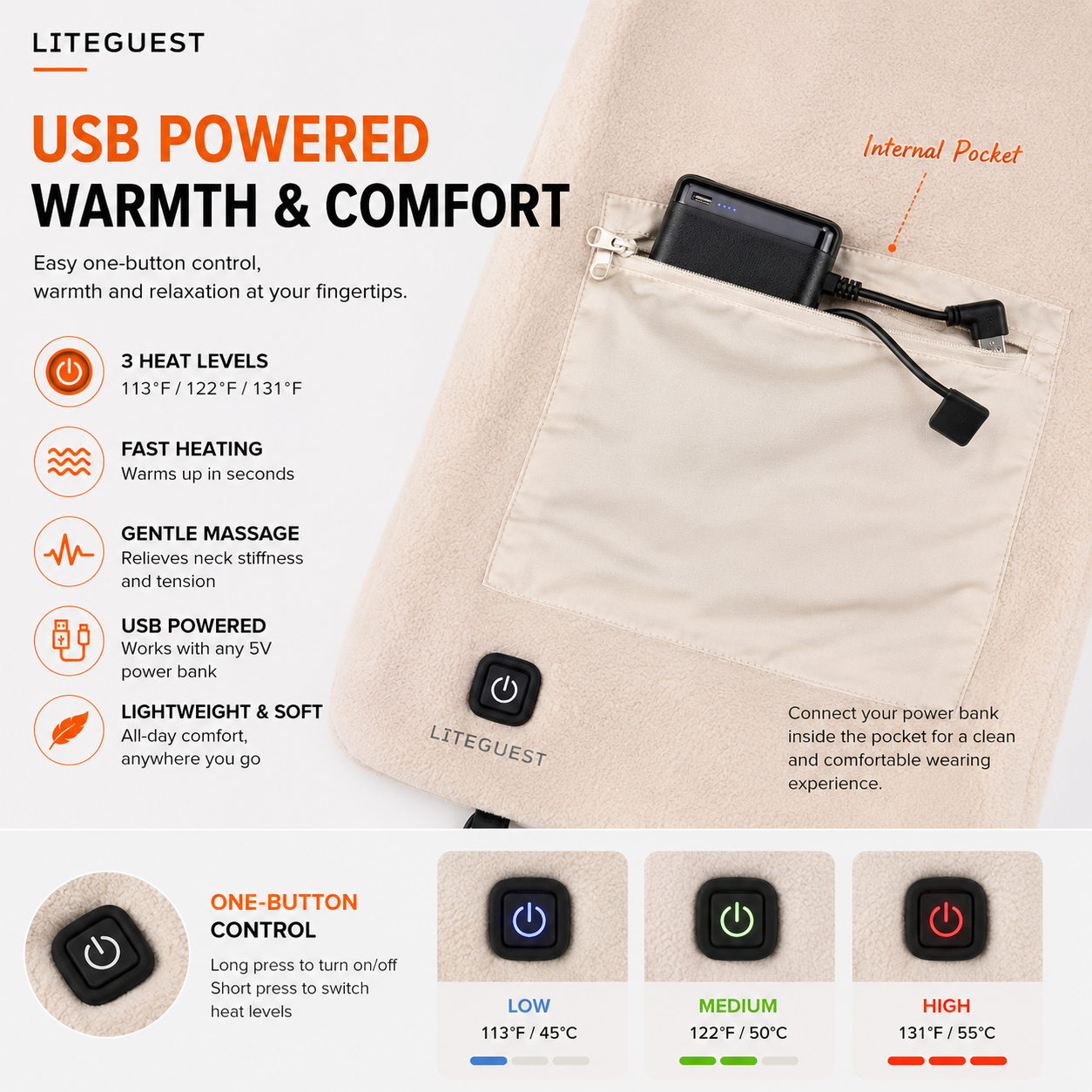LITEGUEST USB Heated Neck Warmer for Hiking, Skiing & Winter Travel