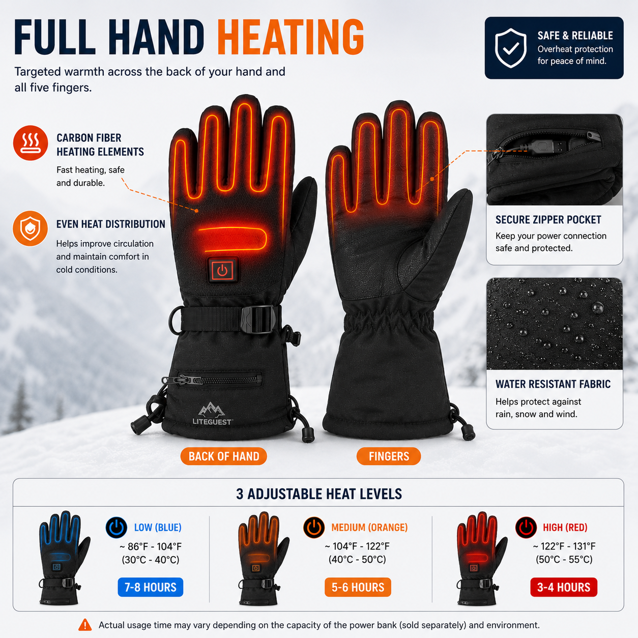 LITEGUEST USB Heated Gloves | Rechargeable Winter Heated Gloves