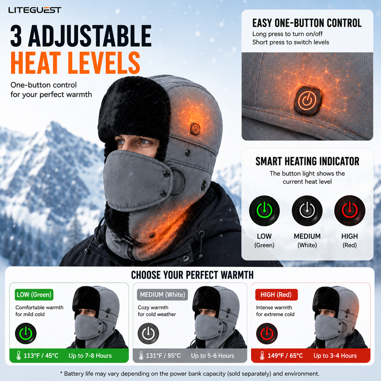 LITEGUEST Heated Trapper Hat | Heated Winter Hat with Face Cover