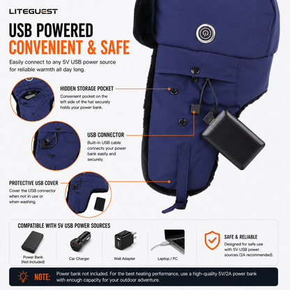 LITEGUEST Heated Trapper Hat | Heated Winter Hat with Face Cover