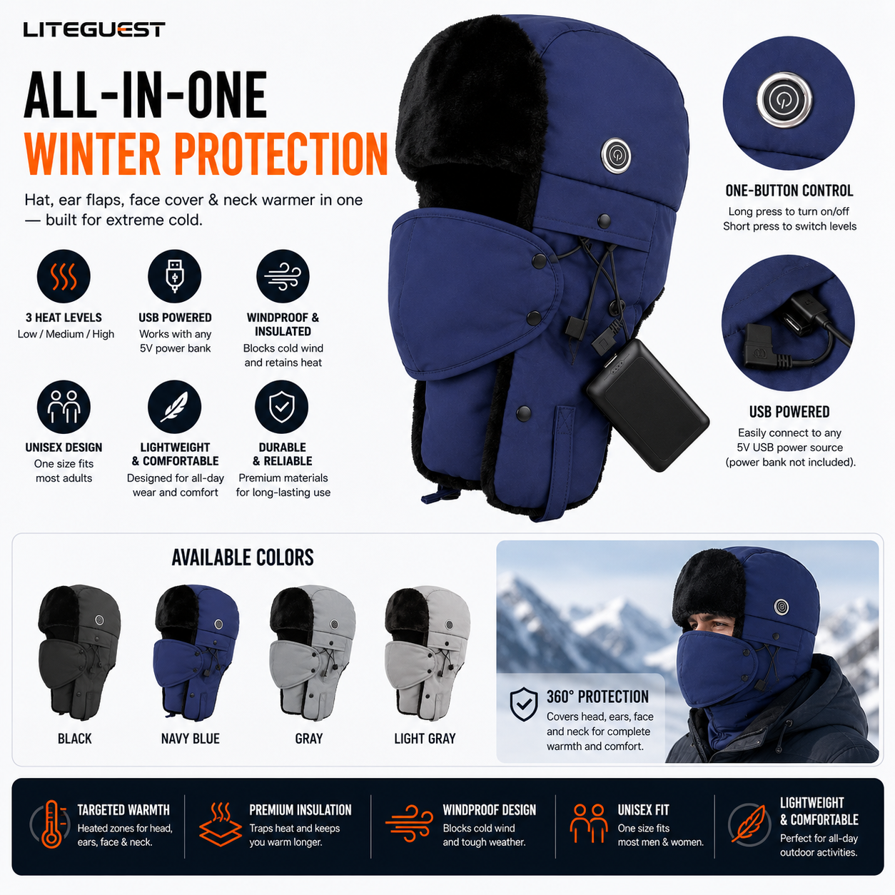 LITEGUEST Heated Trapper Hat | Heated Winter Hat with Face Cover
