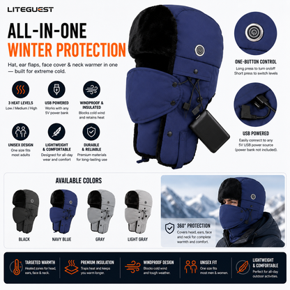LITEGUEST Heated Trapper Hat | Heated Winter Hat with Face Cover