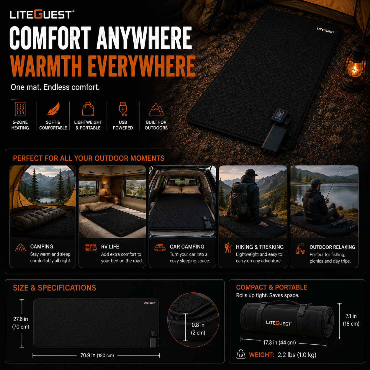 LITEGUEST USB Heated Sleeping Mat | Camping Sleeping Pad