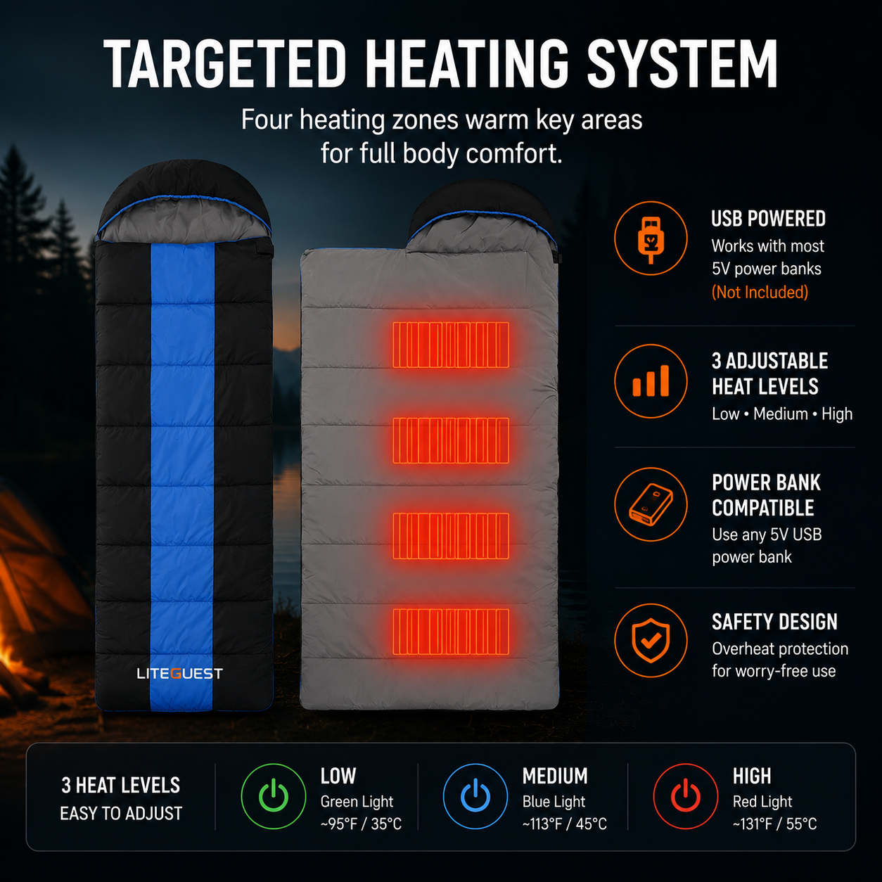 LITEGUEST USB Heated Single Sleeping Bag | Camping Sleeping Bag