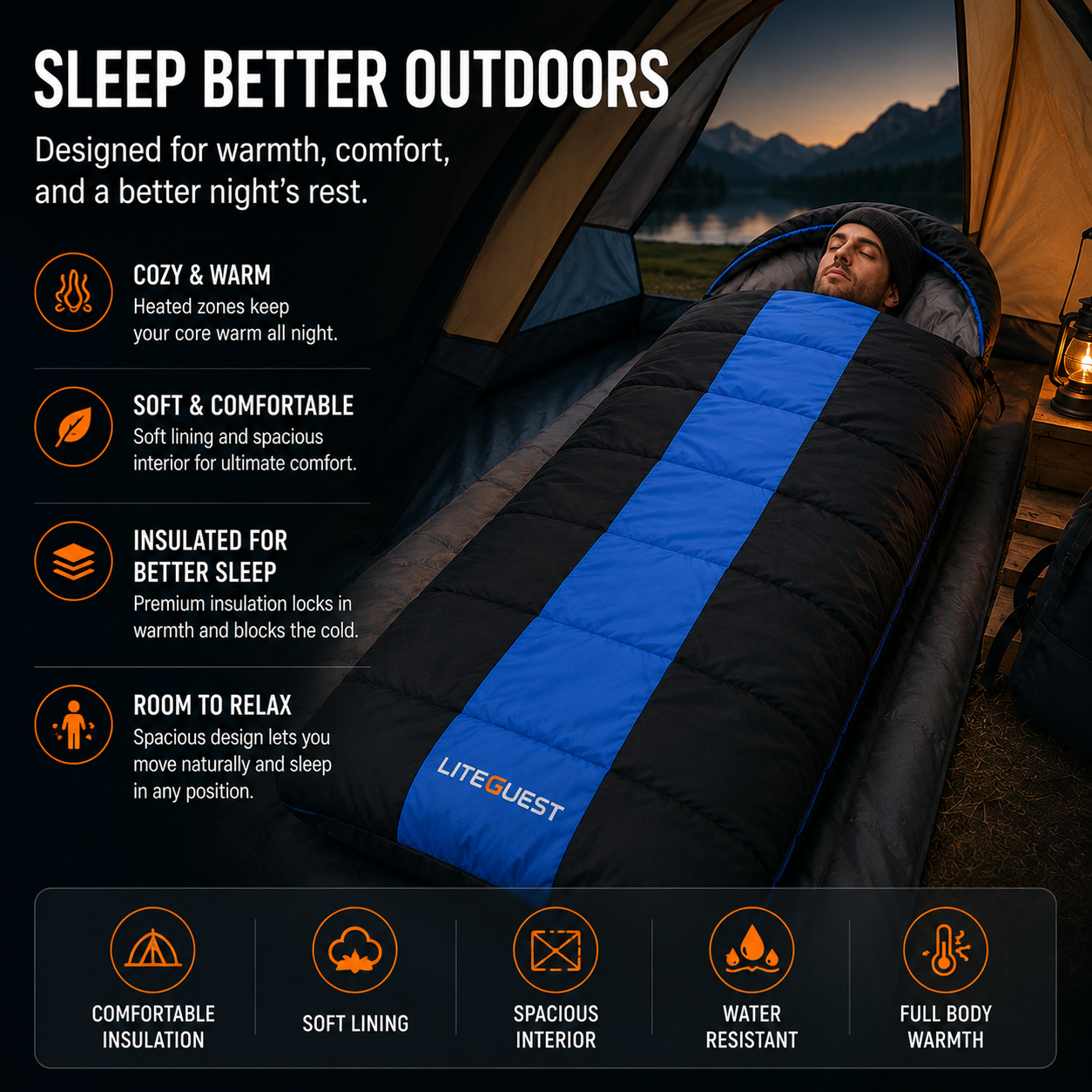 LITEGUEST USB Heated Single Sleeping Bag | Camping Sleeping Bag