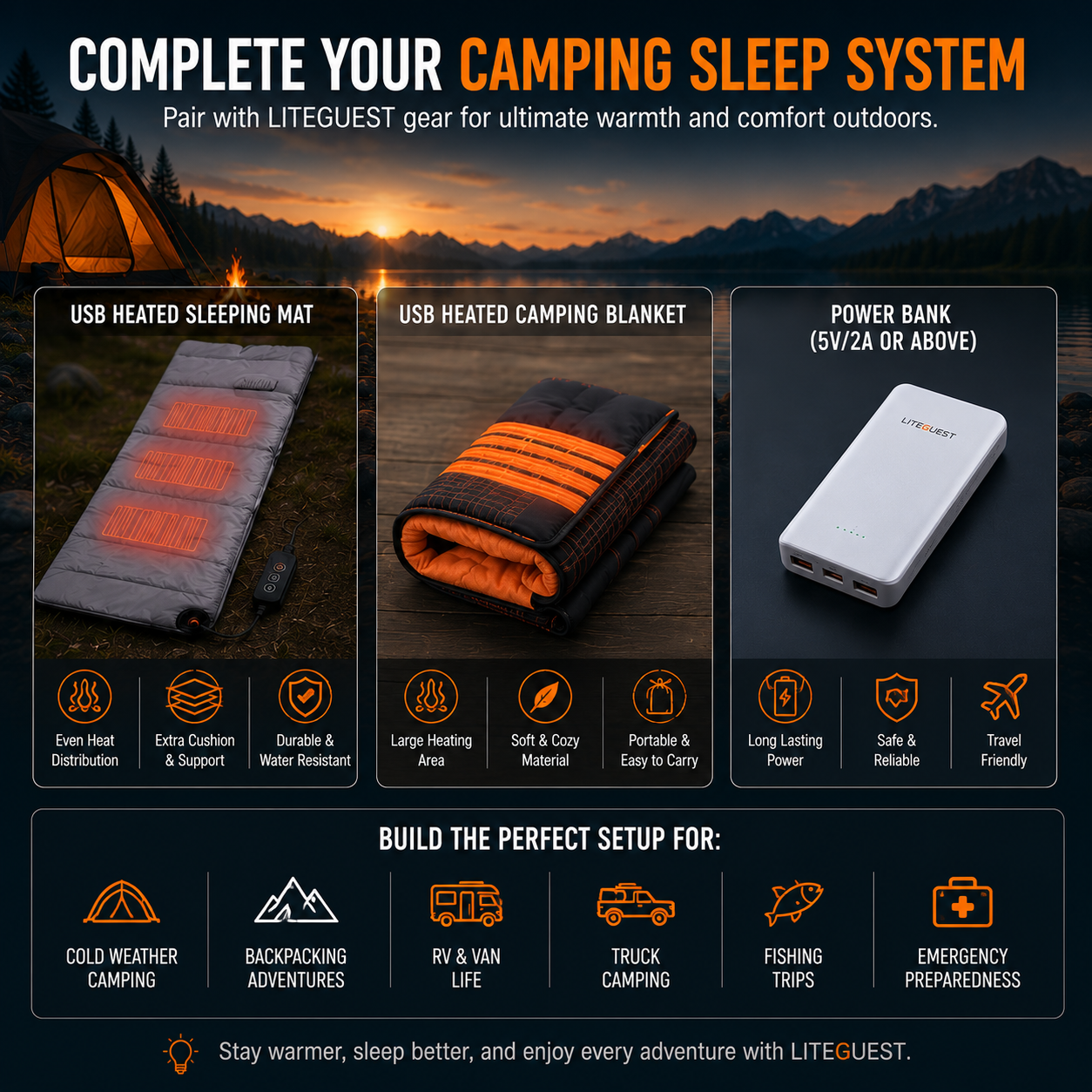 LITEGUEST USB Heated Single Sleeping Bag | Camping Sleeping Bag