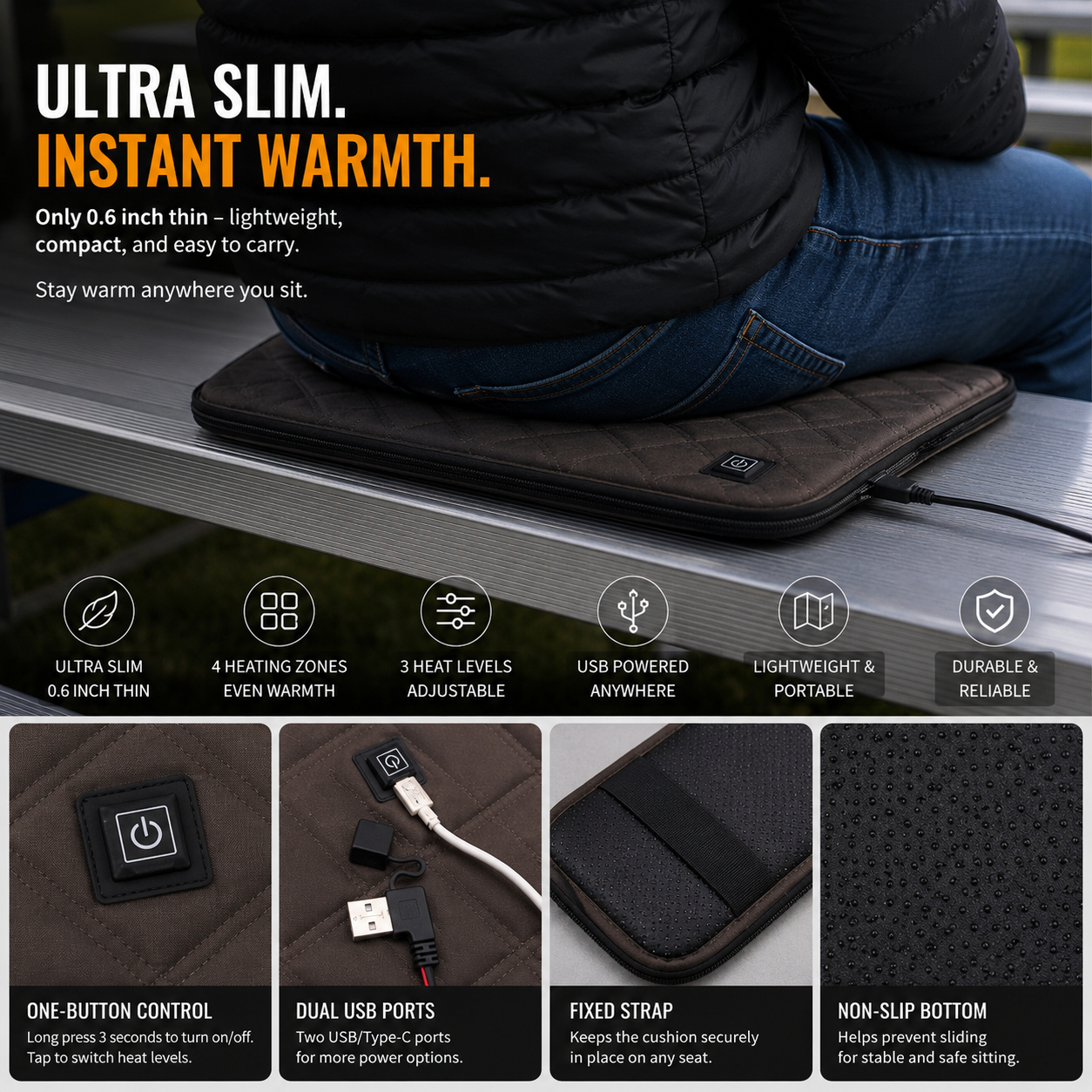 LITEGUEST Ultra Slim Heated Seat Cushion | USB Heated Seat Pad