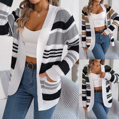 Contrast Color Striped Pocket Long Sleeve Sweater Cardigan Travel Happy Women's Fall Wear