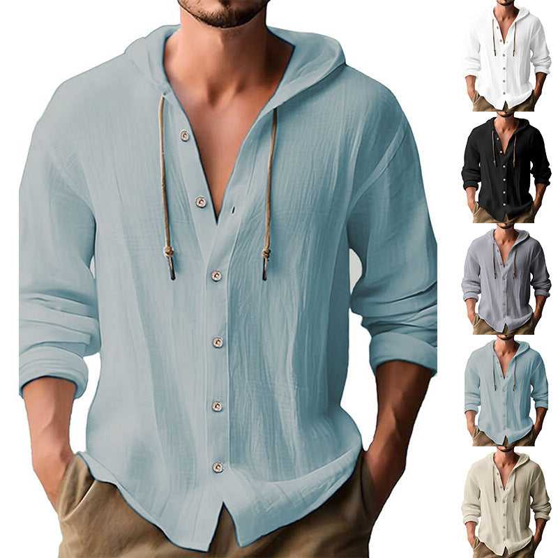 Cotton And Linen Shirt Hooded Sweater Button Long Sleeve Travel Happy Men's Travel Wear