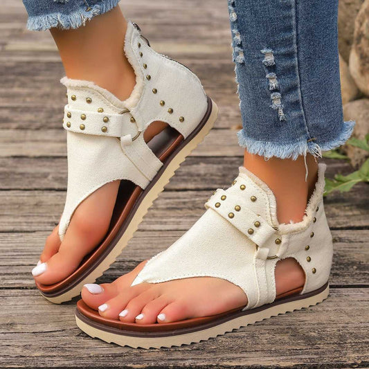 Sandals Denim Thong Sandals With Rear Zipper Summer Retro Beach Flat Shoes For Women Travel Happy Women's Travel Wear