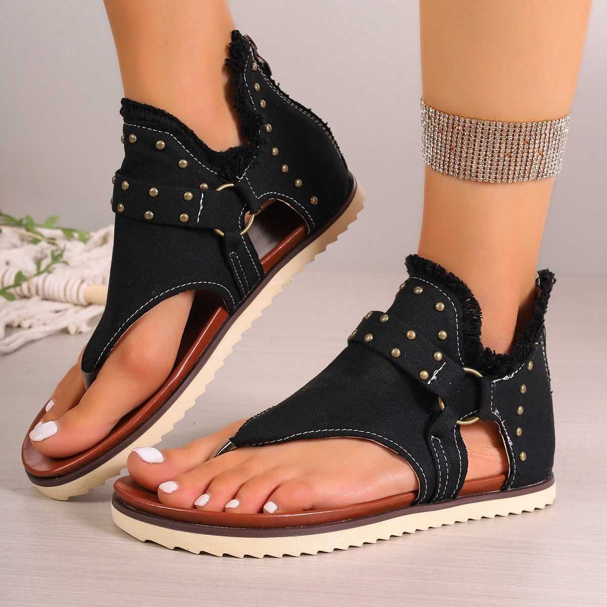 Denim Thong Sandals With Rear Zipper Summer Retro Beach Flat Shoes For Women Sandals Travel Essentials Shop Travel Happy Travel Happy 