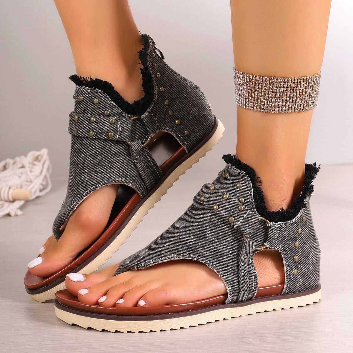 Denim Thong Sandals With Rear Zipper Summer Retro Beach Flat Shoes For Women Sandals Travel Essentials Shop Travel Happy Travel Happy 