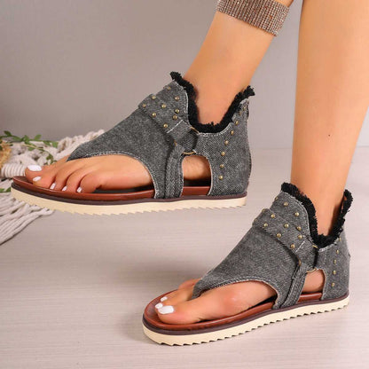 Denim Thong Sandals With Rear Zipper Summer Retro Beach Flat Shoes For Women Sandals Travel Essentials Shop Travel Happy Travel Happy 