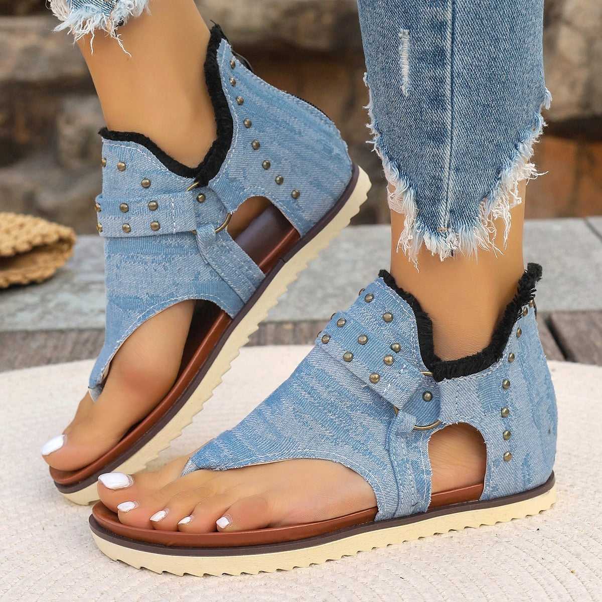 Denim Thong Sandals With Rear Zipper Summer Retro Beach Flat Shoes For Women Sandals Travel Essentials Shop Travel Happy Travel Happy 