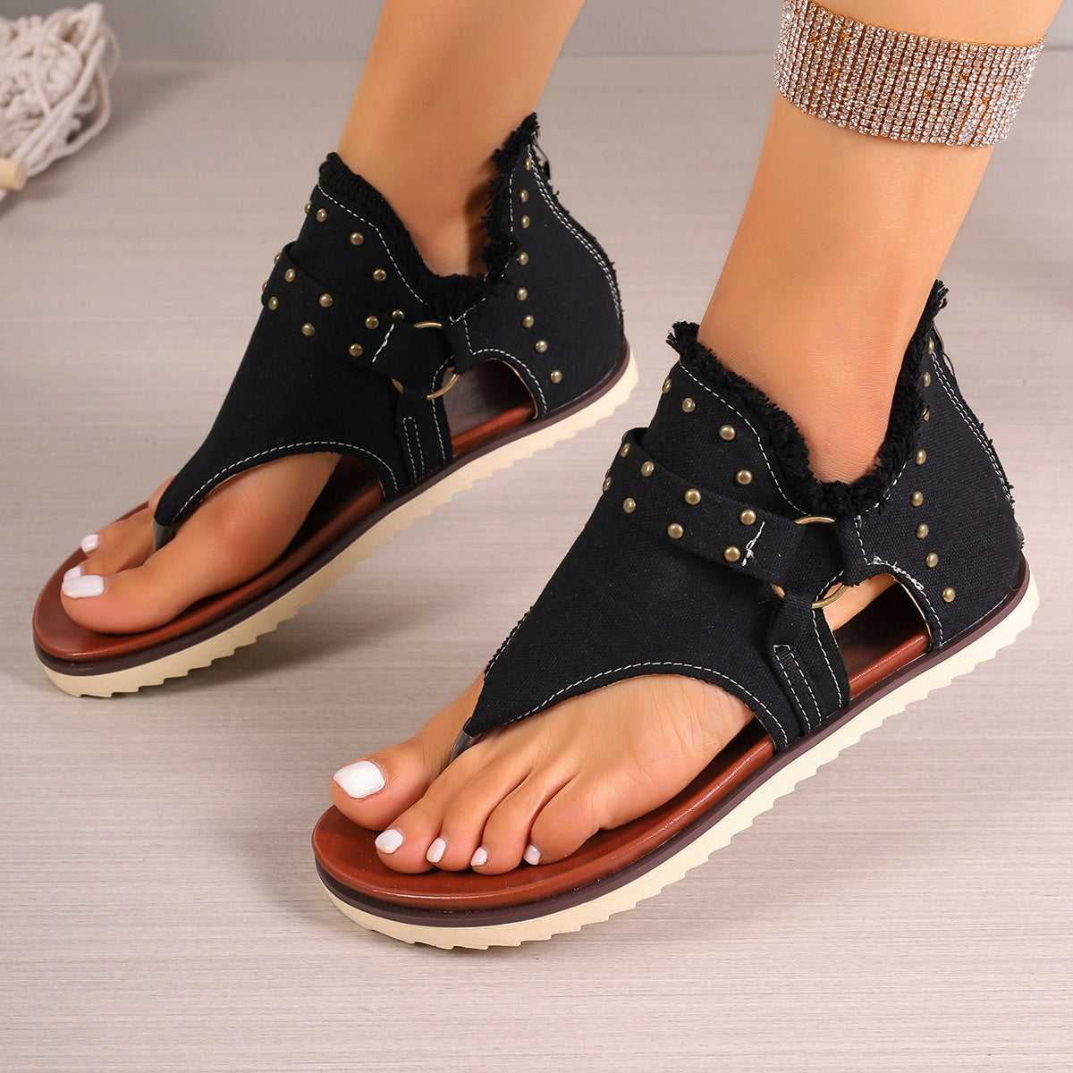 Denim Thong Sandals With Rear Zipper Summer Retro Beach Flat Shoes For Women Sandals Travel Essentials Shop Travel Happy Travel Happy 