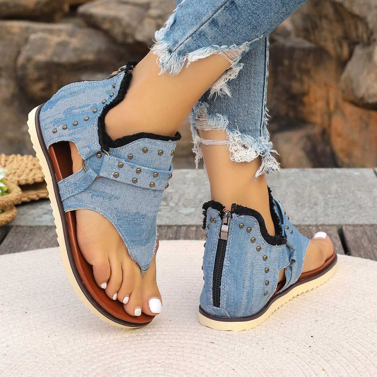 Denim Thong Sandals With Rear Zipper Summer Retro Beach Flat Shoes For Women Sandals Travel Essentials Shop Travel Happy Travel Happy 