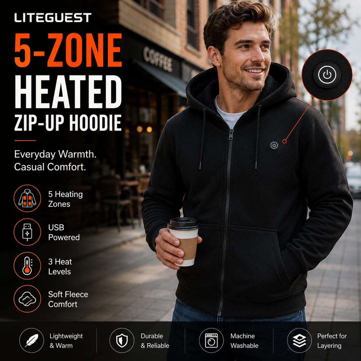 LITEGUEST 5-Zone Heated Zip-Up Hoodie | USB Heated Hoodie