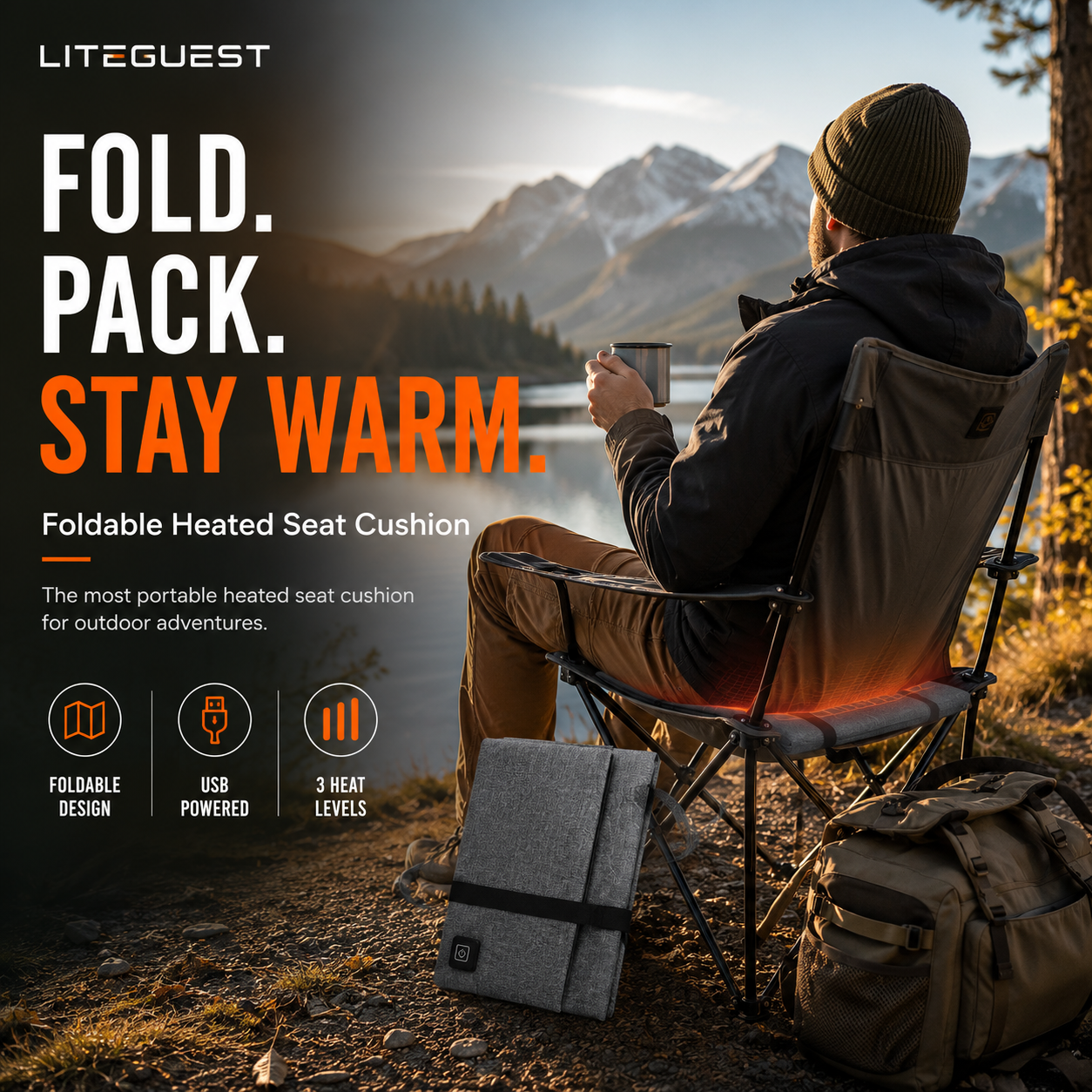 LITEGUEST Foldable Heated Seat Cushion | USB Heated Seat Pad