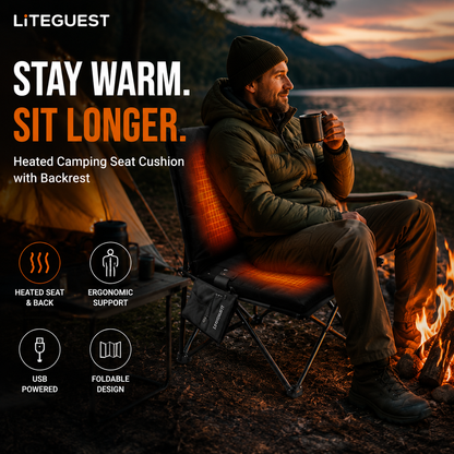 LITEGUEST Heated Outdoor Seat Cushion with Backrest – Warm for Camping