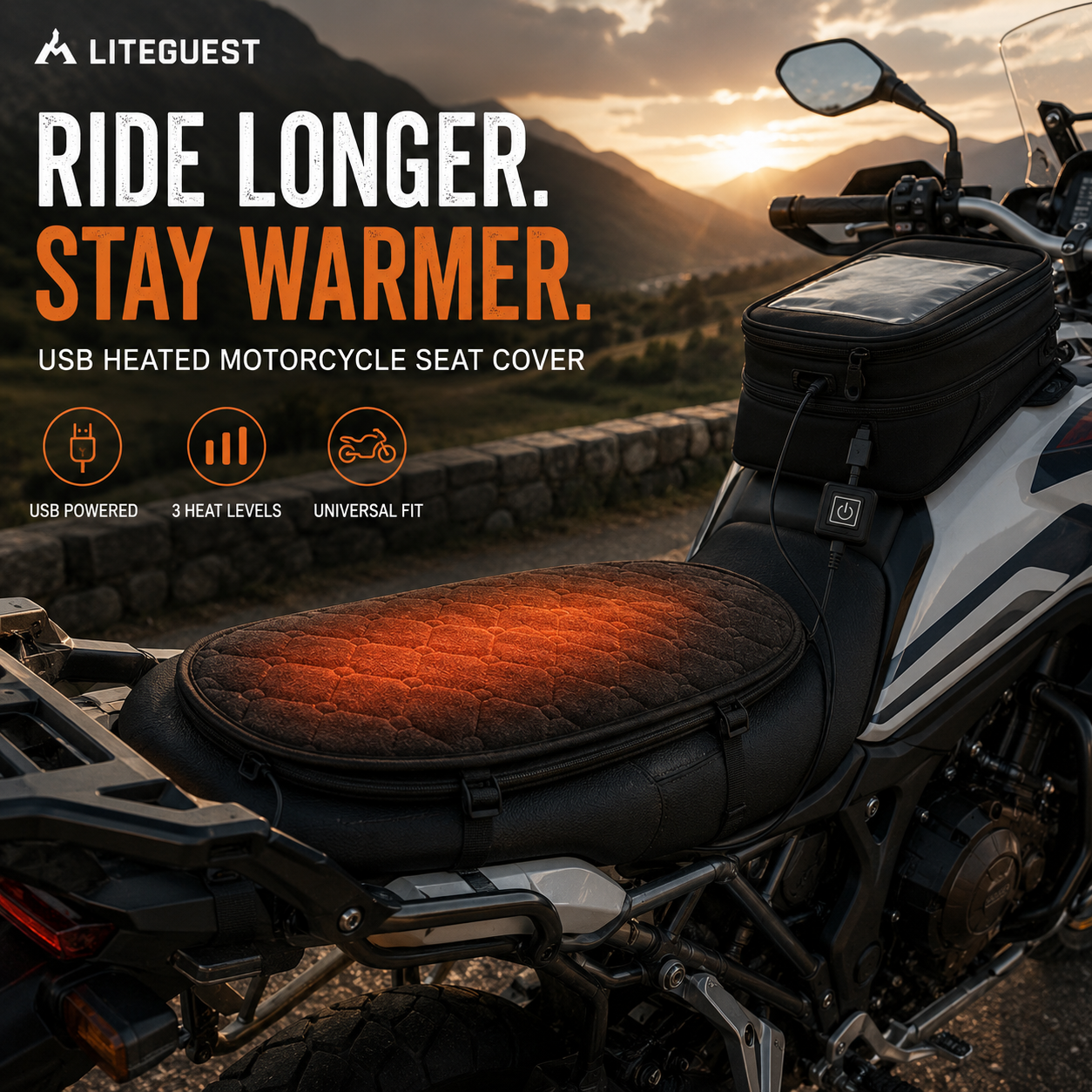 LITEGUEST Heated Motorcycle Seat Cover | USB Winter Riding Pad