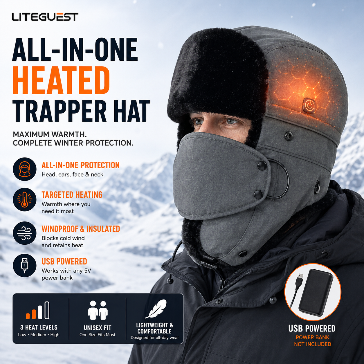LITEGUEST Heated Trapper Hat | Heated Winter Hat with Face Cover