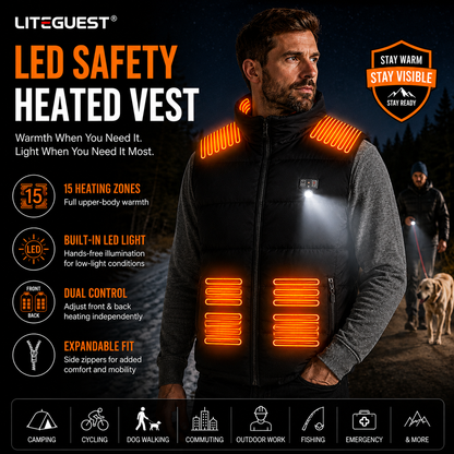 LITEGUEST LED Safety Heated Vest | 15-Zone Dual Control USB Heating