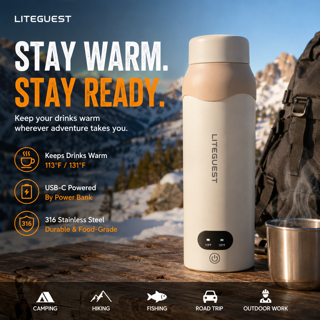 LITEGUEST USB Heated Insulated Bottle | 316 Stainless Steel