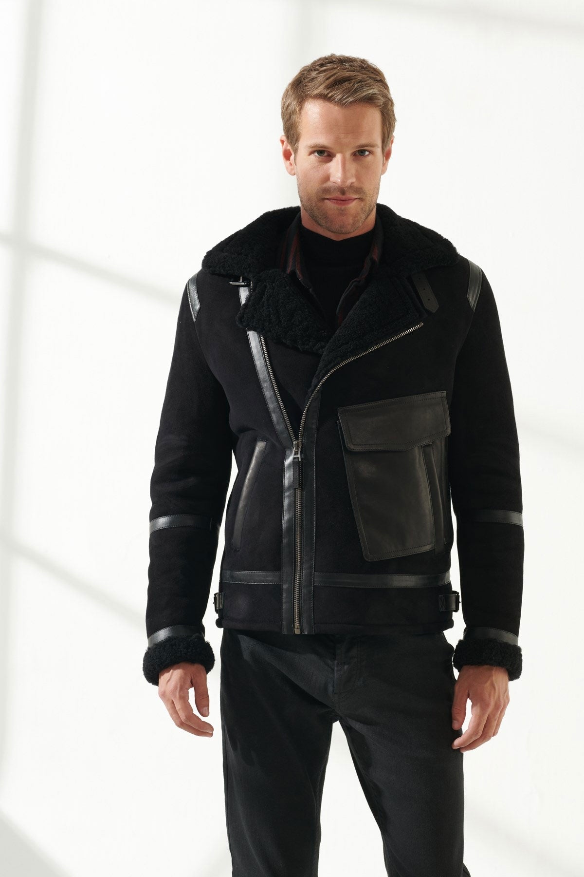Martin Jackets Men's Black Leather Shearling Aviator Jacket