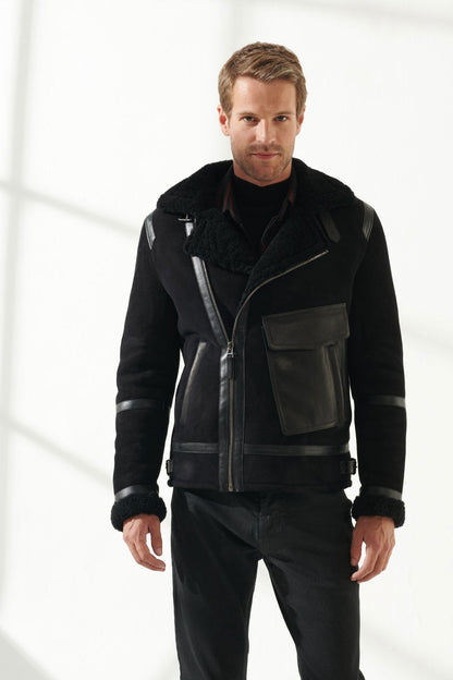 Martin Jackets Men's Black Leather Shearling Aviator Jacket
