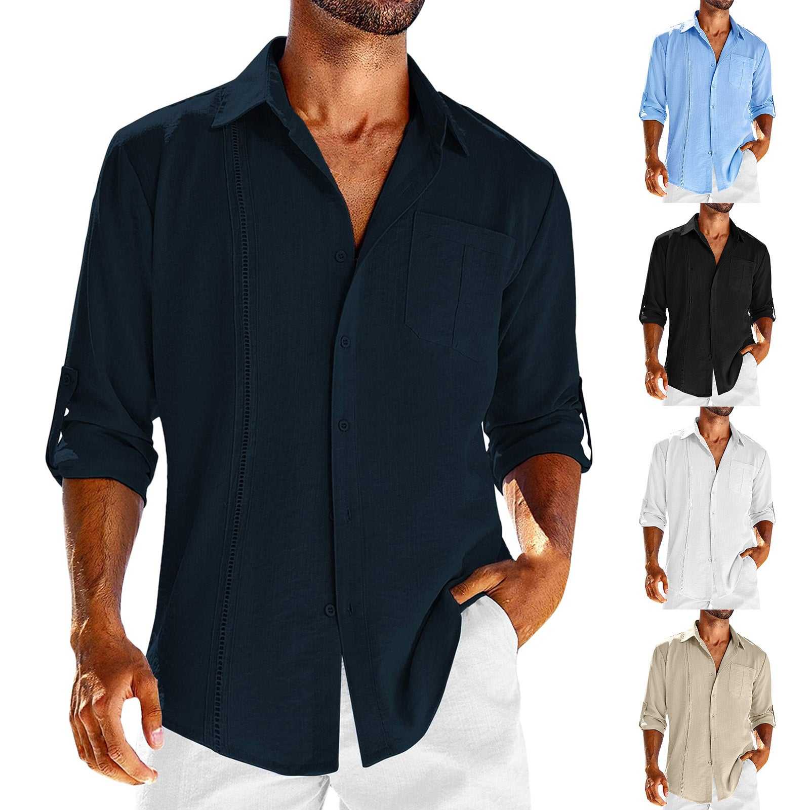 men's clothing Men’s Casual Long Sleeve Shirt with Pocket - Lace Polo Collar Solid Color Button-Down Travel Happy Men's Travel Wear