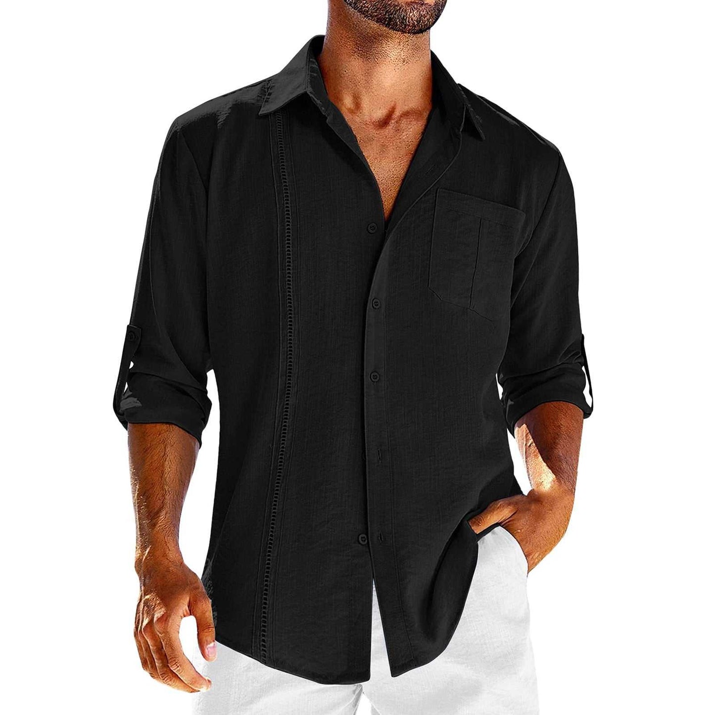 Men’s Casual Long Sleeve Shirt with Pocket - Lace Polo Collar Solid Color Button-Down men's clothing Men's Travel Wear Travel Happy Travel Happy 