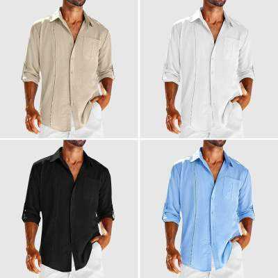 Men’s Casual Long Sleeve Shirt with Pocket - Lace Polo Collar Solid Color Button-Down men's clothing Men's Travel Wear Travel Happy Travel Happy 