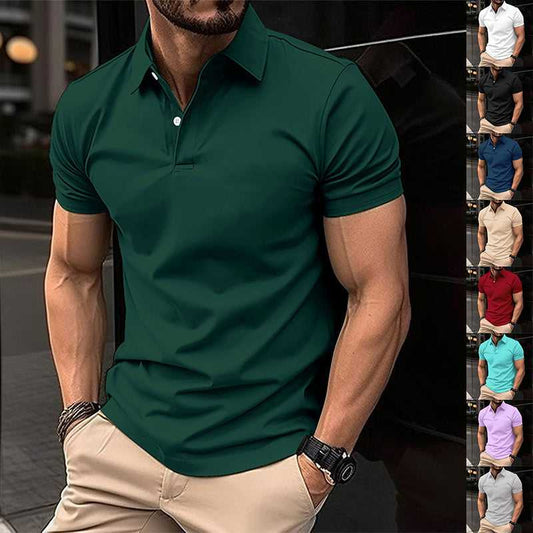 men's clothing Men's Summer Short Sleeve Polo Shirt - Solid Color Button Lapel Top Travel Happy Men's Travel Wear