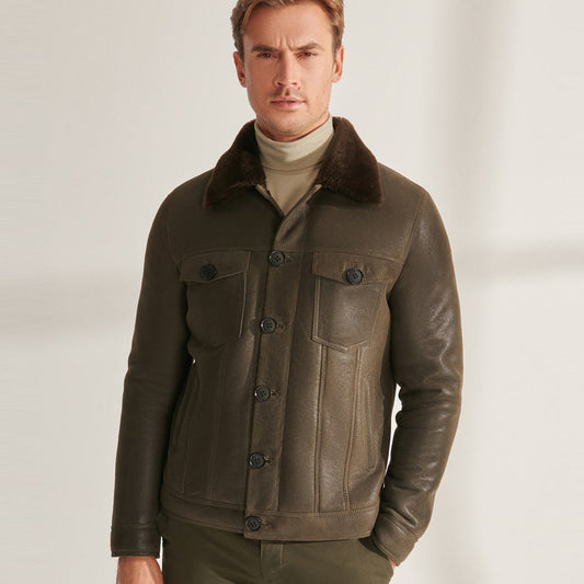 Martin Jackets Men's Green Sheepskin Shearling Trucker Jacket