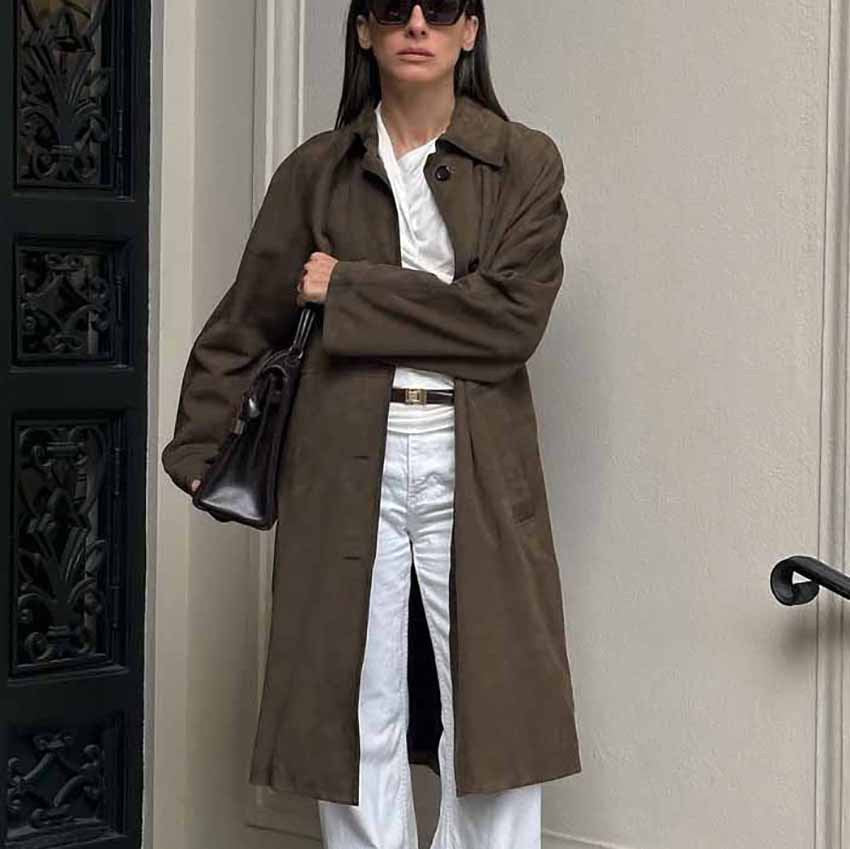 Women's Extra-Long Brown Button-Up Trench Coat